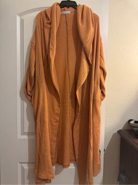 Open Front Hooded Waffle Knit Duster - dusty orange